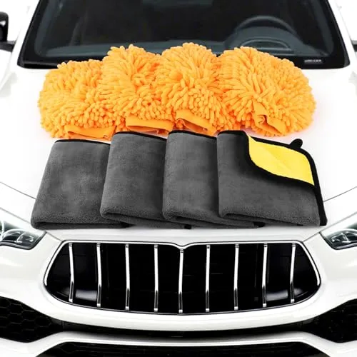 MXTIMWAN 8 Stück Autopflege Set, 4er Mikrofaser Waschhandschuh, 4 Stück Mikrofasertücher Auto, Poliertuch, Trockentuch Dusche, 600 GSM Auto Trockentuch für Haushalts Autowäsche Trocknen