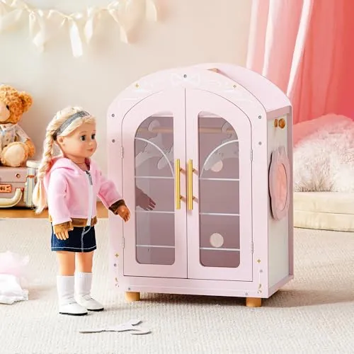 ROBOTIME Puppen Kleiderschrank aus Holz für 43–45 cm Puppen, Rosa | Mit 3 Kleiderbügeln und tragbarem Spiegel für Ankleide-Rollenspiele – Geschenkidee für Kinder ab 3 Jahren