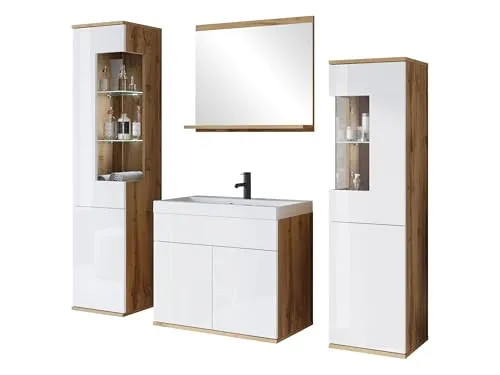 Mirjan24 Badmöbel Set Neskir mit Waschbecken und Siphon, Komplettprogramme für Badezimmer, Spiegel, Waschtisch, Hochschrank, Hängeschrank (Wotan Eiche/Weiß Hochglanz, mit weißer LED Beleuchtung)