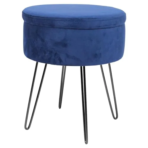 Harbour Housewares 1x Blau/Schwarz H45 x D36cm Runden Samt-Fußhocker mit Stauraum - Wohnzimmer Schminktisch Fußbank Ottomane Sitzpuff Stuhl Sitz