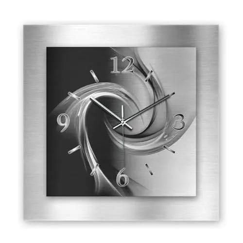 Kreative Feder 3D Designer-Wanduhr aus gebürstetem Aluminium leise Wanduhr ohne Ticken quadratisch 40x40cm (Abstrakt Wirbel, leises Funkuhrwerk)