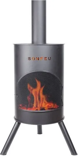 BonFeu BonTon 60 Schwarz - Terrassenofen - Feuerstelle mit Funkenschutz für entspannte Abende - Feuersäule Outdoor - Terrassenkamin mit Grillrost - Gartenofen aus hochwertigem Cortenstahl - L 60 x B 60 x H 198 cm