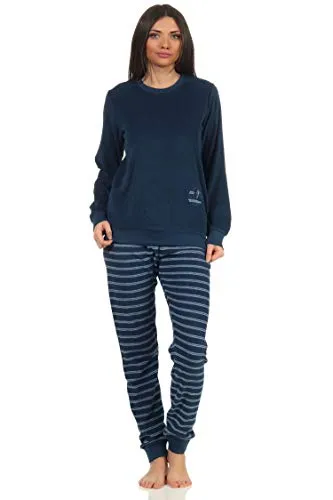 RELAX by Normann Damen Frottee Pyjama mit Bündchen - Hose gestreift, Top mit Mond Applikation - 212 13 800, Farbe:Marine, Größe:40-42