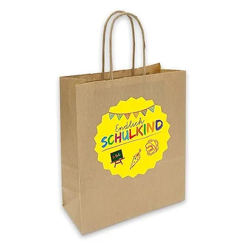 itenga Geschenkverpackung Einschulung Geschenktüte aus Papier inkl. Sticker Aufkleber Endlich Schulkind Tafel rund (gelb)