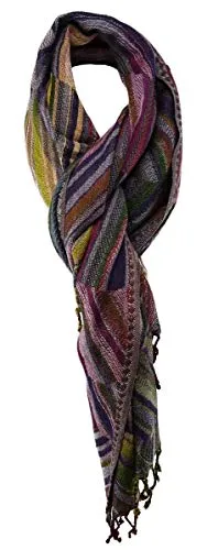 TigerTie - Designer Schal in grün gelb lila blau violett grau beige gemustert mit Fransen