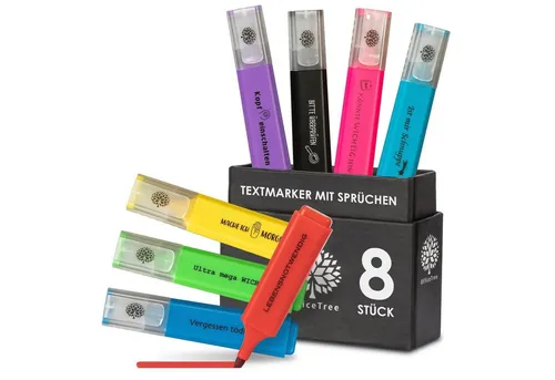 OfficeTree Marker OfficeTree Textmarker mit Spruch nett 8 Stück, (Set 8-tlg), Textmarker mit Sprüchen als Lustige Büroartikel für Studenten