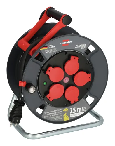 Brennenstuhl Professional Kabeltrommel 300 KU 2200 - 25m schwarz - Kabeltrommel für Baustellen und Außenbereiche mit robustem RN-Kabel, 5 spritzwassergeschützten Steckdosen und innovativem Tragegriff für einfachen Transport.