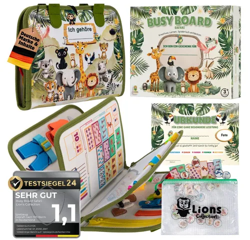 Lions Collection Lernspielzeug Busy Board Deutsch - Montessori Motorikspielzeug - Farblernspiele - Fördert Motorik und Kreativität ab 1 Jahr mit interaktivem Activity Board, ideal für kleine Entdecker und kreative Köpfe.