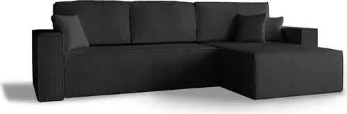 Ecksofa mit Schlaffunktion Amalia L - Schwarz, Rechts - Elegantes Ecksofa mit Schlaffunktion und praktischem Bettkasten. Ideal für kleine Räume, bietet es zusätzlichen Schlafplatz und stilvollen Komfort. Hochwertige Verarbeitung und modernes Design sorgen für einladende Wohnatmosphäre.