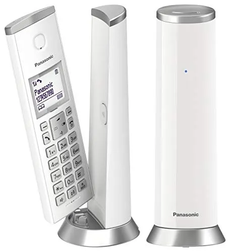 Panasonic DECT Vertical Duo Schnurloses Festnetztelefon - Festnetztelefon mit 2 Mobilteilen, Freisprecheinrichtung und 50 Telefonbucheinträgen. Ideal für Familien mit robustem Design und benutzerfreundlicher Bedienung.
