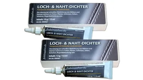 fishingglue.de 2er-Pack LOCH-& NAHT-DICHTER 12g, flüssiges PVC, Wasser-& UV-beständig, Flickzeug/Dichtlösung für Zelt Isomatte Schirm Regenjacke Markise Pool Schlauchboot Plane wärmestabil bis 60°C.