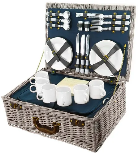 BEM Smak Picknickkorb für 6 Personen - 40-teiliges Picknick-Koffer Set aus robuster Weide mit integriertem Kühlfach, ideal für Ausflüge und Familienpicknicks.