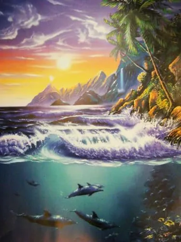 PSYWORK Schwarzlicht Poster | Pacific Dream | 64x90cm | ungerahmt | Kunstdruck | Fantasy | Wandbild | Wandposter | Meer | Delphine