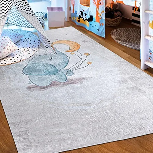 Mazovia Kinderteppich Elefant 80 x 150 cm - Waschbar & Rutschfest - Fröhlicher Kinderzimmerteppich mit Elefantenmotiv, waschmaschinengeeignet und rutschfester Unterseite. Langlebig und pflegeleicht für ein sicheres Spielumfeld.