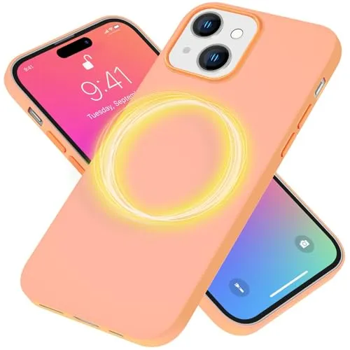 NALIA MagPower Liquid Silikon Case kompatibel mit iPhone 15 Hülle [kompatibel mit MagSafe], Kabellos Laden Easy Clean Funktion Anti-Kratzer Anti-Fingerabdruck, Magnet Schutzhülle Cover, Farbe:Orange