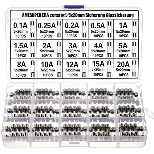 5x20mm Glassicherung, Schnelle Schlag Feinsicherungen Sortiment 15 Wert (0.1A 0.25A 0.2A 0.5A 1A 1.5A 2A 3A 4A 5A 8A 10A 12A 15A 20A) -150Pcs Glasrohrsicherung mit Box