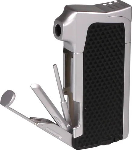 Passatore Ruben schwarz Chrom satin Pfeifenfeuerzeug Schrägflamme + Besteck