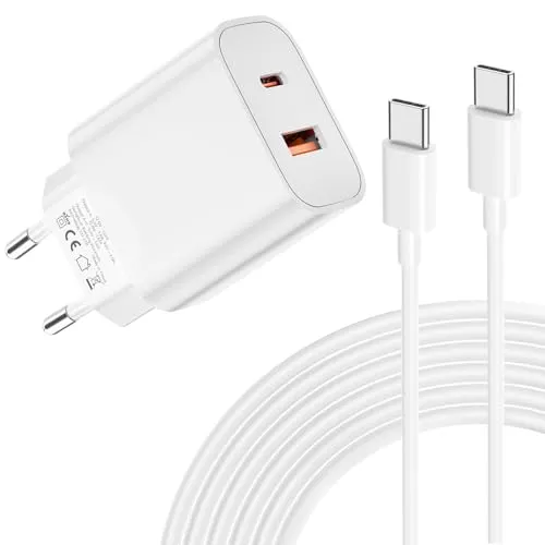 20W USB C Ladegerät,2Port USBC Netzteil USB-C und USB-A Schnellladenetzteil für iPhone 17/16/15/14/13/12 Pro Max,PD Power Adapter USB Netzteil mit Type C Kabel 2M für Galaxy S24/S23/S22,Pad,Weiß