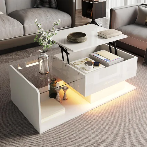 Hochglanz Weiß Couchtisch mit Glas und LED-Effekt