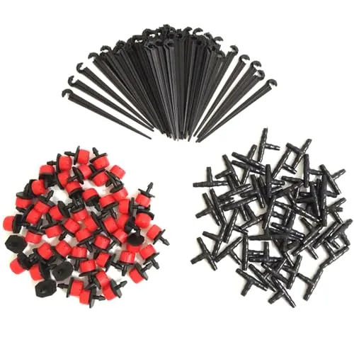 Einstellbare Micro Drip Tropfer+50 T-Steckverbinder+50 Gartenschlauch-Erdanker Garten Micro-Drip-System Automatische Bewässerung Tropf Sprinkler Tröpfchenbewässerung DIY bewässerungssystem 50