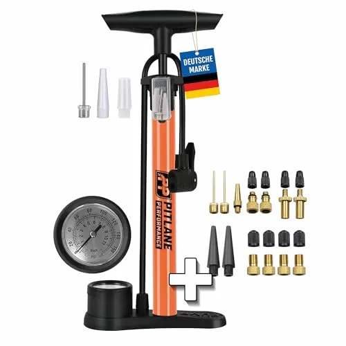 Pitlane Performance® Luftpumpe mit Barometer 42 cm; Standpumpe mit Manometer bis 11 Bar; Fuß-Pumpe für Schrader Presta Dunlop; Fahrradpumpe mit inkl. Ballnadel & Adapter (Orange mit XXL Zubehör Box)