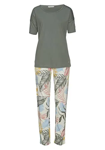 Damen Pyjama VIVANCE DREAMS - Khaki Gemustert, Gr. 32/34 - Bequemer Pyjama aus Single Jersey für Damen. Mit floralem Druck, kurzarmem Shirt und knöchellanger Hose. Ideal für entspannte Nächte in stilvollem Design.