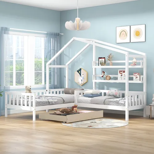 Hausbett Kinderbett mit 2 Liegeflächen, 90x200cm & 70x140cm - Kinderbetten aus Kiefernholz mit 2 Schlafgelegenheiten, inklusive Lattenroste, Schublade und Regalen für optimalen Stauraum. Ideal für Gäste oder Jugendliche!