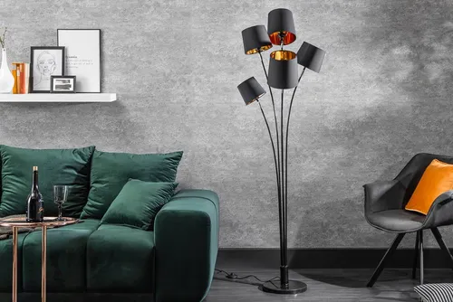 riess-ambiente Stehlampe LEVELS 176cm schwarz/gold - Standleuchte im eleganten Retro-Design mit beweglichen Bögen und goldenen Innenschirmen für eine stimmungsvolle Lichtatmosphäre. Stabiler Marmorfuß sorgt für sicheren Stand.