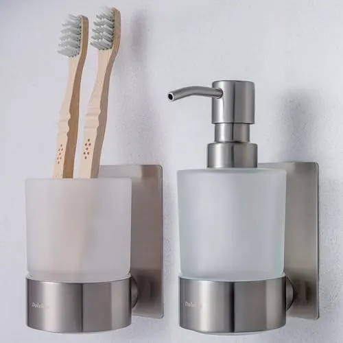 Dolvhin Seifenspender und Zahnputzbecher Set - Stylisches Set aus Glas-Seifenspender und Zahnputzbecher, selbstklebend für eine bohrfreie Montage. Perfekt für ein elegantes Badezimmer-Design.