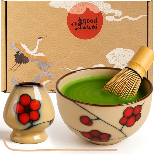 Matcha Tee Set | Teeschale, Besenhalter, Bambusbesen 80 & Matchalöffel - Tassen & Untertassen – Komplettes Matcha Set aus handbemalter Keramik und Bambus, ideal für authentischen Genuss und dekorative Präsentation.