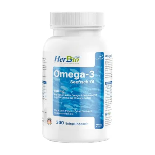 HerbBio Omega 3 Seefischöl 500 mg, 300 Softgel-Kapseln, halal