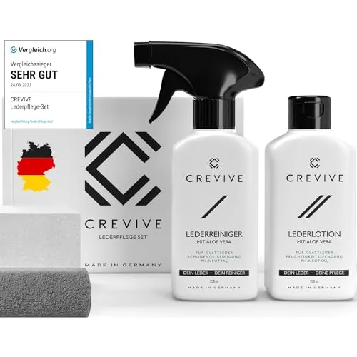 CREVIVE Lederpflege Set - inkl. Lederreiniger und Lotion mit Aloe Vera, schonende Pflege für Sofa, Auto, Jacken und Schuhe, MADE IN GERMANY