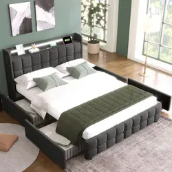 Flieks Polsterbett mit LED-Beleuchtung 160x200cm - Elegantes Doppelbett in Grau mit 4 Schubladen für optimalen Stauraum und stimmungsvoller LED-Beleuchtung – ideal für modernes Wohnen.