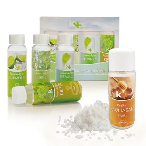KK Saunaaufguss Set Skandinavien Saunakonzentrat 4 x100 ml/Fl. + 200g Sauna Salz