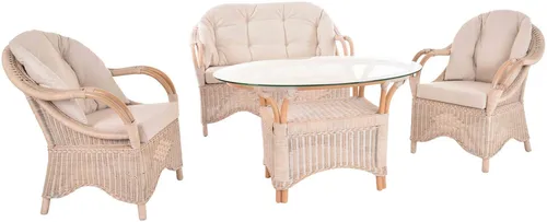 Produktbild Krines Home Sitzgruppe Set 92/B Toast Weiss – 4-teiliges Rattanmöbel-Set