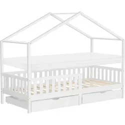 Ml-Design Hausbett 90x200 cm, Weiß aus Kiefernholz - Stilvolles Kinderbett in Hausform mit praktischem Stauraum durch 2 Schubkästen. Aus massivem Kiefernholz für Langlebigkeit und Sicherheit, ideal für kreative Rückzugsorte im Kinderzimmer.