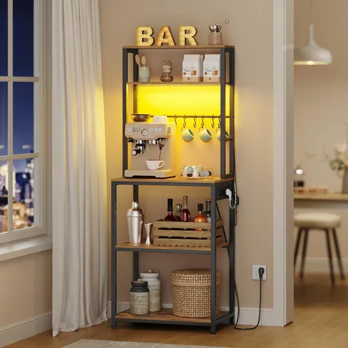 VASAGLE Küchenregal mit LED-Beleuchtung und Steckdosen - Praktisches Standregal mit verstellbaren Ablagen und integrierter LED-Beleuchtung in 25 Farben. Mit 3 Steckdosen und USB-Anschlüssen für mehr Komfort in der Küche. Stabiler Stahlrahmen und einfache Montage.