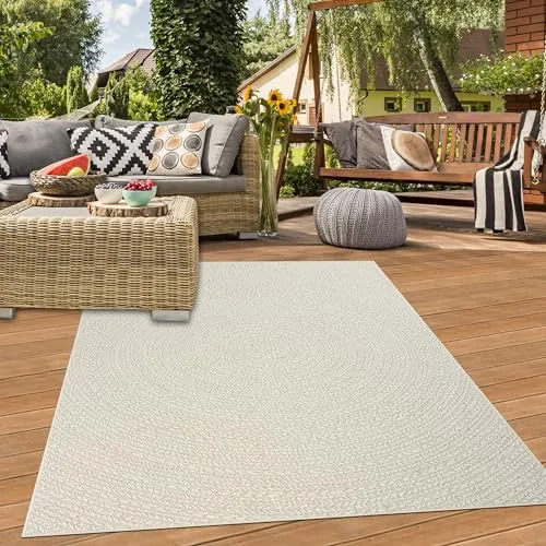 Teppich-Traum Teppich Outdoorteppich Balkon Terrasse Wintergarten wetterfest Indoor Jute Look Linienmuster in Kreisform Creme, 140 x 200 cm