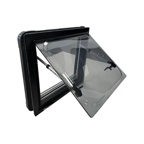 SWISS OUTDOOR Ausstellfenster 500x400 Acrylglas , ECE R43 geprüft, Doppelverglasung, Rollo & Mückenschutz, Schwarze Blende, isoliert, Wohnmobil Van Kastenwagen Fenster Camper Ausbau