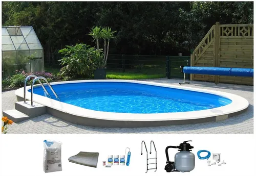 my POOL BWT Ovalpool PREMIUM mit blauer Innenfolie, 7-tlg. Komplett-Set - Ovales Stahlwandbecken mit 7 Teilen, inklusive Sandfilteranlage und Leiter. Ideal für den Garten, robust und langlebig für unbeschwerten Badespaß.