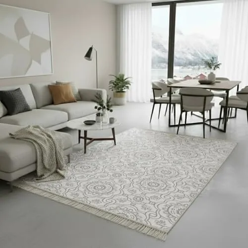 Fashion4Home Boho Kelim Teppich Läufer - Hellgrau-Creme, 120x170 cm - Wendbarer Teppich mit zwei Farbvariationen, ideal für jeden Raum. Umweltfreundlich und strapazierfähig, verleiht er Ihrem Zuhause einen modernen Boho-Look.