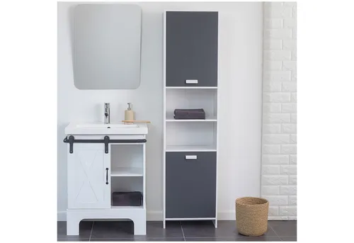 HTI-Living Badregal Thekla – Grau/Weiß - Hochschrank Badschrank mit 4 Fächern, ideal für platzsparende Aufbewahrung im Badezimmer. Maße: 39.5 x 19.5 x 170 cm, einfache Selbstmontage.