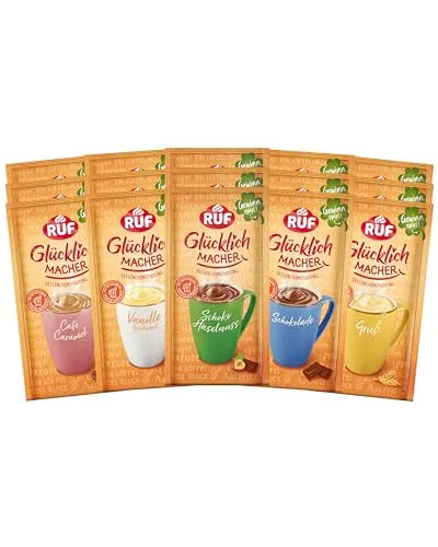 RUF Glücklichmacher Tassenpudding Set - Pudding- & Dessertpulver in 5 Sorten: Vanille, Schokolade, Grieß, Café Caramel und Schoko Haselnuss - der schnelle Genuss für jeden Tag!