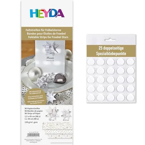 Heyda Faltstreifen für Fröbelsterne – 96 Streifen, 120 g/m² – beidseitig bedruckt – Bastelpapier Set für 24 Sterne – mit Anleitung – Basteln - inklusive 25 Klebepunkte (weiß 1x30cm + 1,5x45cm)
