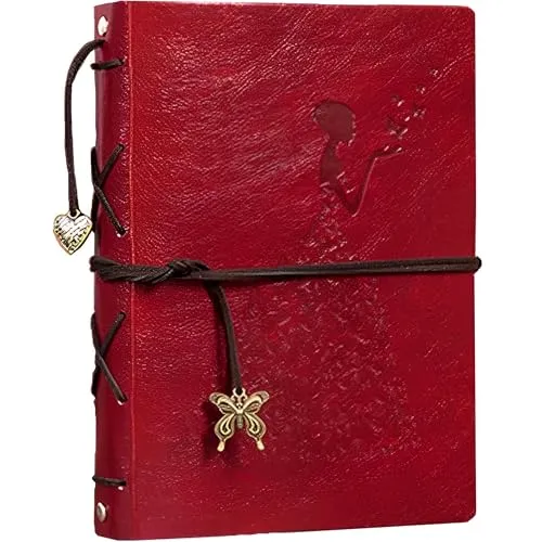 MINGZE Fotoalbum, zum Selbstgestalten Leder Scrapbook Album Schwarze Seiten Fotobuch zum Einkleben Fotoalben, Valentinstag Geburtstag Jahrestag Geschenk, Schmetterlingsmädchen (Klein rot)