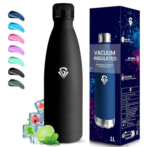 Grsta Trinkflasche Edelstahl, Trinkflasche 1l, BPA-Frei, Thermosflasche, Auslaufsicher, Kalt & Warm, Isolierflasche Doppelwandige, Wasserflasche Metall, Wasserflasche für Camping, Fitness, Reisen