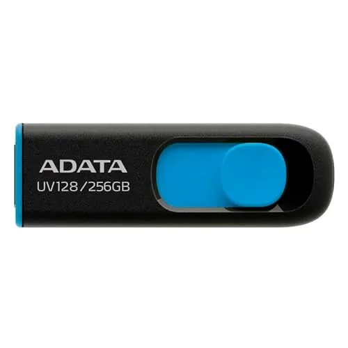 ADATA USB-Stick 3.0, 256 GB, UV128, einziehbar, ohne Kappe, Schwarz/Blau