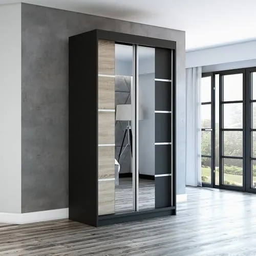 Schwebetürenschrank ERA 120 cm mit Spiegel - Schwebetürenschrank mit modernem Design, 120 cm breit und hochwertigen Aluminium-Türgriffen. Ideal für stilvolle Aufbewahrung in jedem Schlafzimmer.
