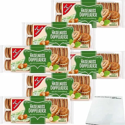 Gut&Günstig Haselnuss Doppelkekse Haselnuss-Gebäck mit Cremefüllung 6er Pack (6x250g Packung) + usy Block