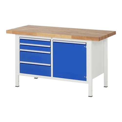 Rau Werkbank höhenverstellbar 8470A2 - Robust & Flexibel - Standardwerkbank mit 40 mm massiver Buchen-Arbeitsplatte, ideal für Werkstätten. Höhenverstellbar für ergonomisches Arbeiten und ausgestattet mit 4 Schubladen und einer Flügeltür für optimalen Stauraum.
